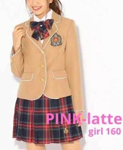 【ピンクラテ】【値下げ 9500→6000】小学校卒業式向けフォーマル一式　ベージュブレザー・赤紺チェックスカート(Sサイズ) + HARUTAフォーマルシューズ(23.5cm)　（Pink Latte、HARUTA）