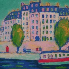 絵画がんどうあつし過去の実験作品90年代風景（セーヌの岸辺）F3号ゴールド額縁付