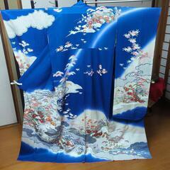 〔お取り置き〕　群青色した日本絵画の振袖　正絹　お祝い　美品　