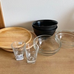 【終了】ニトリ 木の皿 ショットグラス ガラス皿 樹脂の丼