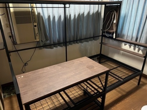 【京都市内配達可能】スチールベッド アイアンベッド デスク付き シングル ベッドフレーム 有孔ボード付き ハンガーレール付き 棚付き ベッド 収納付き