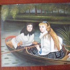 絵画　油絵　作者不詳　風景画　ボートを漕ぐ少女たち　F１２サイズ...