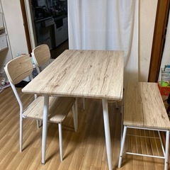 木目　白　ダイニングテーブル、チェア2脚、ベンチ4点セット（美品）
