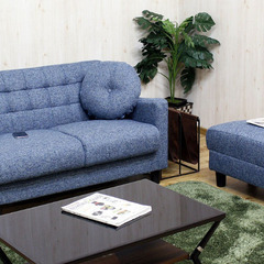 座面下収納カウチソファベッド　ブルー　コンパクトサイズ　半円形スツール付ソファー