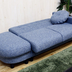 座面下収納カウチソファベッド　ブルー　コンパクトサイズ　半円形スツール付ソファー