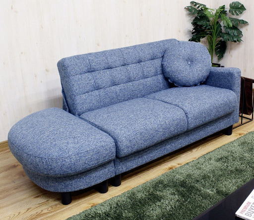 座面下収納カウチソファベッド　ブルー　コンパクトサイズ　半円形スツール付ソファー