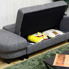 座面下収納カウチソファベッド　グレー　コンパクトサイズ　半円形スツール付ソファー
