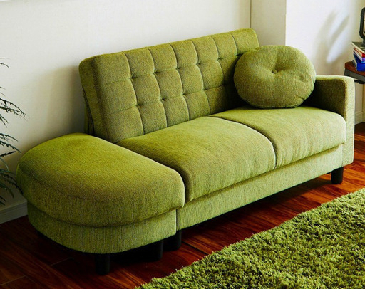 座面下収納カウチソファベッド　グリーン　コンパクトサイズ　半円形スツール付ソファー