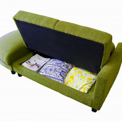 座面下収納カウチソファベッド　グリーン　コンパクトサイズ　半円形スツール付ソファー