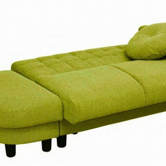 座面下収納カウチソファベッド　グリーン　コンパクトサイズ　半円形スツール付ソファー