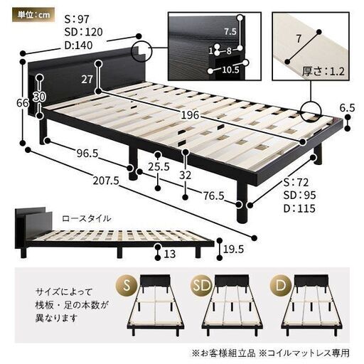 ベッド ブラック セミダブル フレームのみ すのこ 棚付き コンセント付き スマホスタンド 頑丈 木製 シンプル モダン ベッド下収納ds-2378761