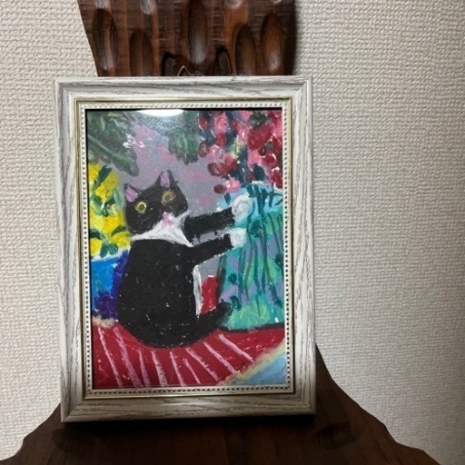 本物保証! 水墨画 日本画 猫 ネコ 動物 花 額 絵画 作家「甘たるく感傷