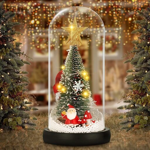 B1076【定価13976円⇒6200円】WANOSIC ミニクリスマスツリー ギフト ガラスドームディスプレイ 木製ベース (サンタレッド)