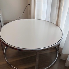 円形ガラスセンターテーブル80cm、ホワイト、裏目グレー両面使用可能