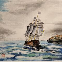 定価5万★7割引★本物【帆船】水彩　額付