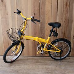 330)【美品】CAPTAIN STAG Oricle 折りたたみ自転車 20インチ 黄色 イエロー カゴ付き 6段変速 前後泥よけ オリクル キャプテンスタッグ