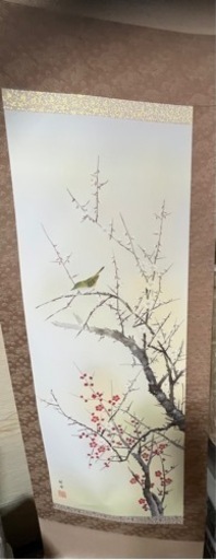 掛軸 紅白梅に鶯(田村竹世)