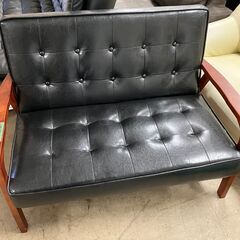 ソファー 2人掛け 幅116cm 天然木 アンティーク ソファ ファブリック アンティーク調 レトロ おしゃれ 黒 フェイクレザー クリーニング済 堺市 石津店 【ジャングルジャングル石津店