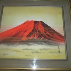 ■	秀峰作　日本絵画　　赤富士　　F１０号　スチール額装　署名入り■