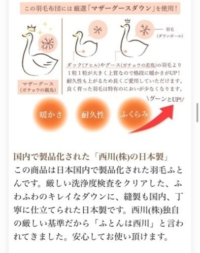 羽毛肌掛け布団 キングサイズ ダウンケット マザーグース 西川