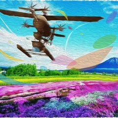 【絵画・版画】「花畑と夢の飛行艇」オリジナル版画