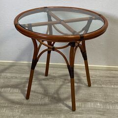 ラタンテーブル　サイドテーブル　円形ラタンガラステーブル　ウッド...