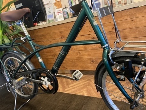 チェーン新品！】6段変速 20インチカゴ付き折りたたみ自転車 モスグリーン