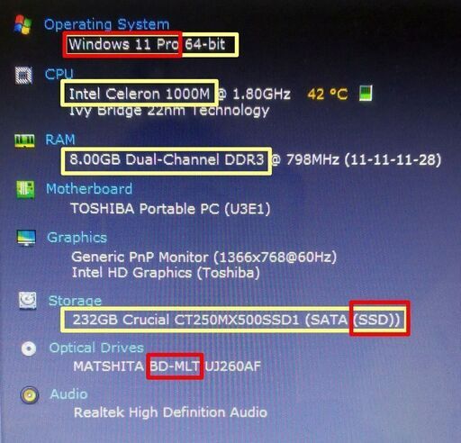 東芝 T552/36HB 美品 Windows11pro Celeron1000M 8GBメモリ SSD250GB WiFi内蔵 ブルーレイマルチドライブ搭載