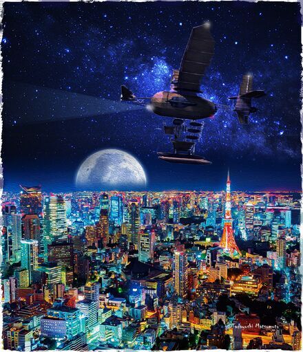 【絵画・版画】「夢で見た飛行艇 夜の東京」オリジナルキャンパス