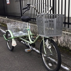 ＜整備・良品＞マルイシ・三輪自転車 グリーン・前後輪タイヤ新品交換、ワイヤーなど多数新品交換・前輪錠 スイングタイプ 前輪パーキングブレーキ機構・洗車済でピカピカ♪不要自転車無料引取り有 