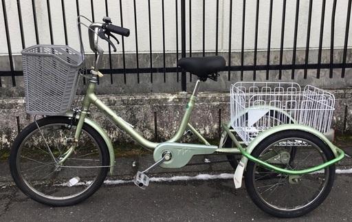 ＜整備・良品＞マルイシ・三輪自転車 グリーン・前後輪タイヤ新品交換、ワイヤーなど多数新品交換・前輪錠 スイングタイプ 前輪パーキングブレーキ機構・洗車済でピカピカ♪不要自転車無料引取り有