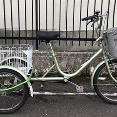 ＜整備・良品＞マルイシ・三輪自転車 グリーン・前後輪タイヤ新品交換、ワイヤーなど多数新品交換・前輪錠 スイングタイプ 前輪パーキングブレーキ機構・洗車済でピカピカ♪不要自転車無料引取り有 
