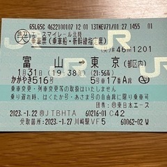 富山発東京行きの新幹線切符です。1月31日の新幹線です