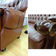 カリモク 3人掛けソファ レザー ブラウン karimoku レトロ アンティーク調 ボタンダウン オールドカリモク ヴィンテージ 　西岡店