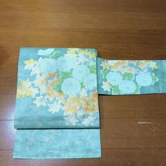 牡丹菊　花刺繍　名古屋帯　タマムシ色　正絹