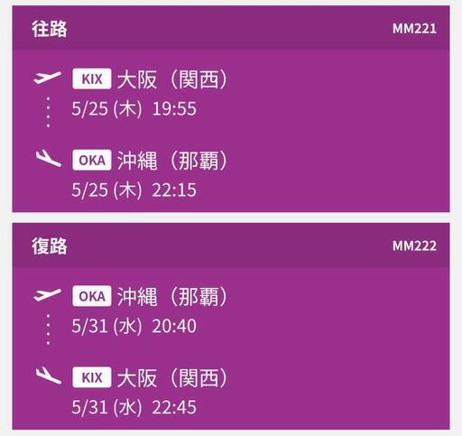 【往復2人分】大阪⇔沖縄