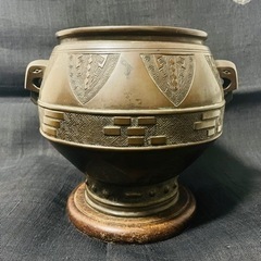 中国　青銅　雷紋　火鉢　唐木台座付き　古美術　銘　ブロンズ　茶器