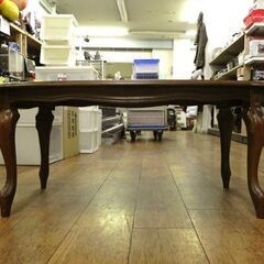 象嵌 センターテーブル 幅115cm 木製 ブラウン 色あせ・キズ多数有 オーバル リビング カフェ 家具 猫脚 札幌市 厚別区