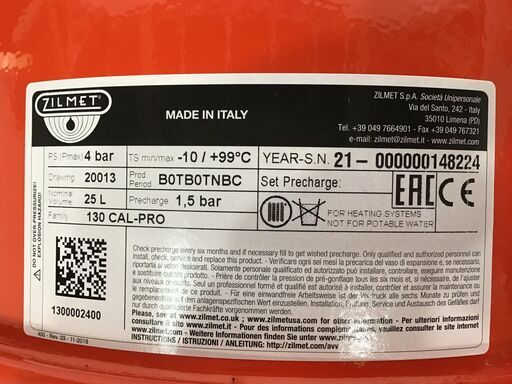 23Y046 ジ4 Zilmet ジルメット 密閉式膨張タンク RD-25 暖房用 未使用品