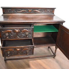 【ヤ取終了3/31】≪zy915≫イギリス アンティーク サイドボード/キャビネット 修復前提 ツイストレッグ 彫刻 バックパネル付 50208-02