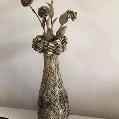 【伝統技術】棕櫚編み　花瓶1つ＋花2本　4種類選択可能　ローズ　バラ　牡丹　ユリ