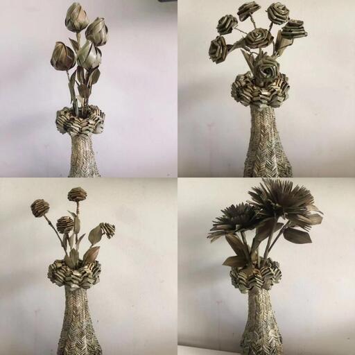 【伝統技術】棕櫚編み　花瓶1つ＋花2本　4種類選択可能　ローズ　バラ　牡丹　ユリ