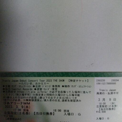 【企画:ジャニーズ事務所】3月9日　横浜　ぴあアリーナ（みなとみらい駅）TRAVISJAPAN　トラビスジャパン　デビューコンサート　神奈川公演　立見席　1名分　現地にて入場券お渡し後、解散です（ご自身でお席へ）