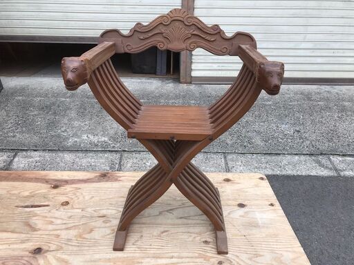 木製 アームチェア ライオン 木彫り 折りたたみ式 椅子 インテリア アンティーク