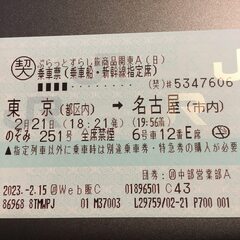 02月21日(火)　新幹線チケット　東京→名古屋 値下げ3000円！