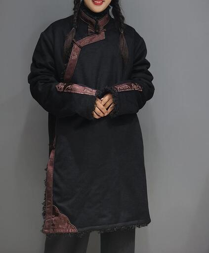 試着のみ 冬外套・コート 改良蔵服・チベット 民族衣装 黒L/漢服 チャイナ