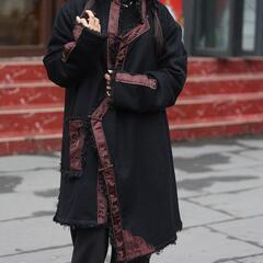 試着のみ 冬外套・コート 改良蔵服・チベット 民族衣装 黒L/漢服 チャイナ 試着のみ 冬外套・コート 改良蔵服・チベット 民族衣装 黒L/漢服 チャイナ
