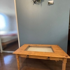 木材ガラステーブル　ローテーブル