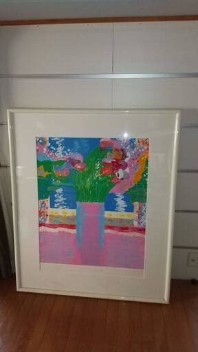 リビングや店舗に最適！スペインの画家オルトゥーノ　『花瓶の花』真作　リトグラフ　132.5×111cm　美術品　額付き絵画