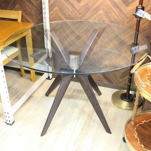店S368)Calligaris カリガリス ダイニングテーブル ガラステーブル 丸テーブル TOKYO トウキョウ 木製レッグ 幅110cm
